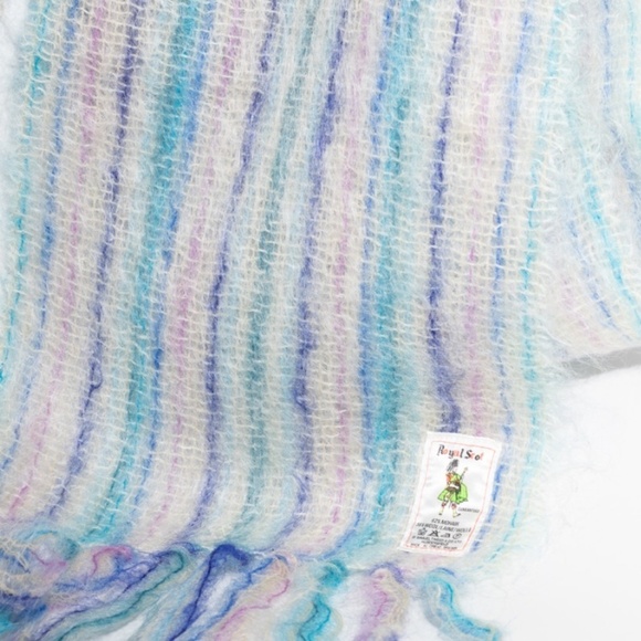 Royal Scot Striped Mohair Wool Blend Scarf ca. 1960s Teal Purple Blue Pink Knit - Picture 6 of 10